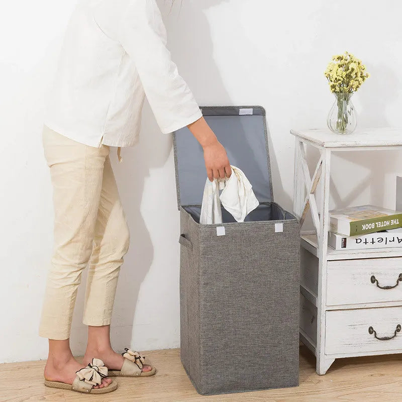 Grey foldable cotton linen clothes storage basket in a modern simple style