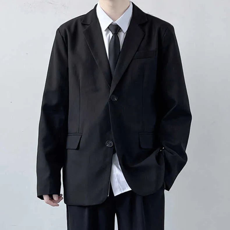 Men's plus size college style suit jacket and trouser set with white shirt and tie in loose fit design