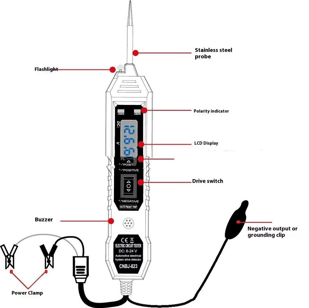 MZ-823 upgraded automotive circuit tester with 4.5-metre cable, compact probe body, and copper-alloy tip for 12V 24V diagnostics