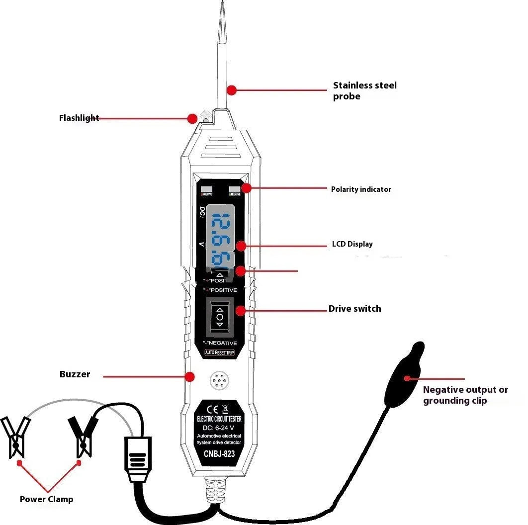 MZ-823 upgraded automotive circuit tester with 4.5-metre cable, compact probe body, and copper-alloy tip for 12V 24V diagnostics