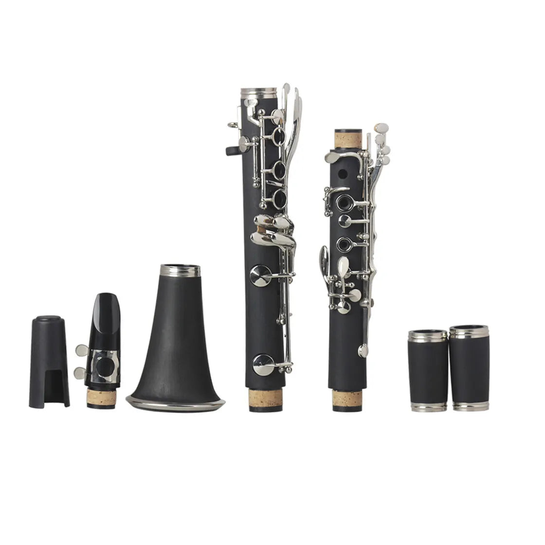 Black beginner clarinet with 17 nickel-plated keys and carrying bag