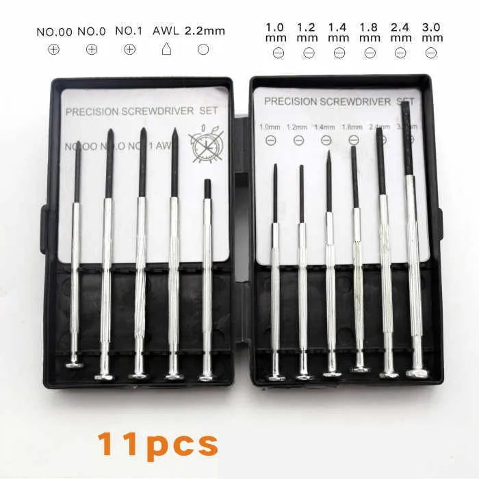 11-piece clock repair screwdriver set with cross and flat blade drivers for electronics maintenance