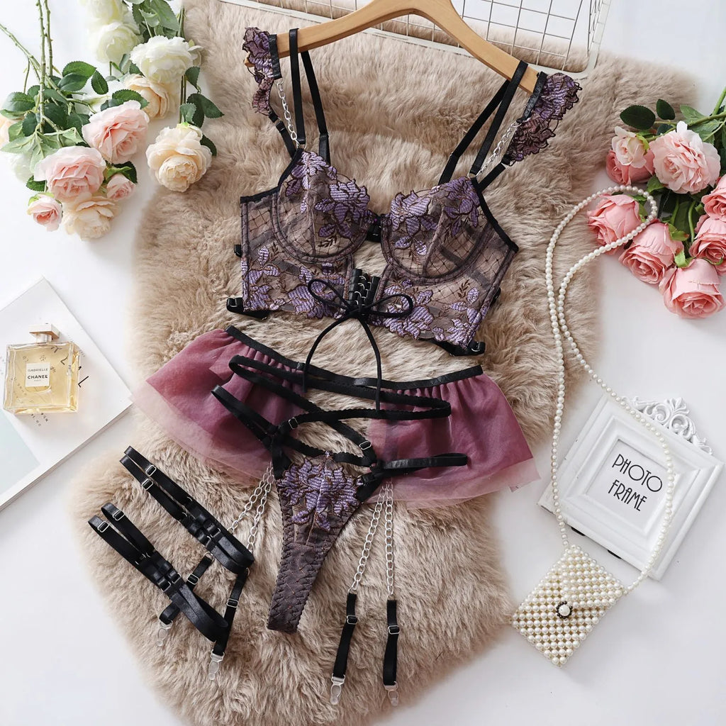 Light blue embroidered transparent push-up bra and brief set with lace detailing