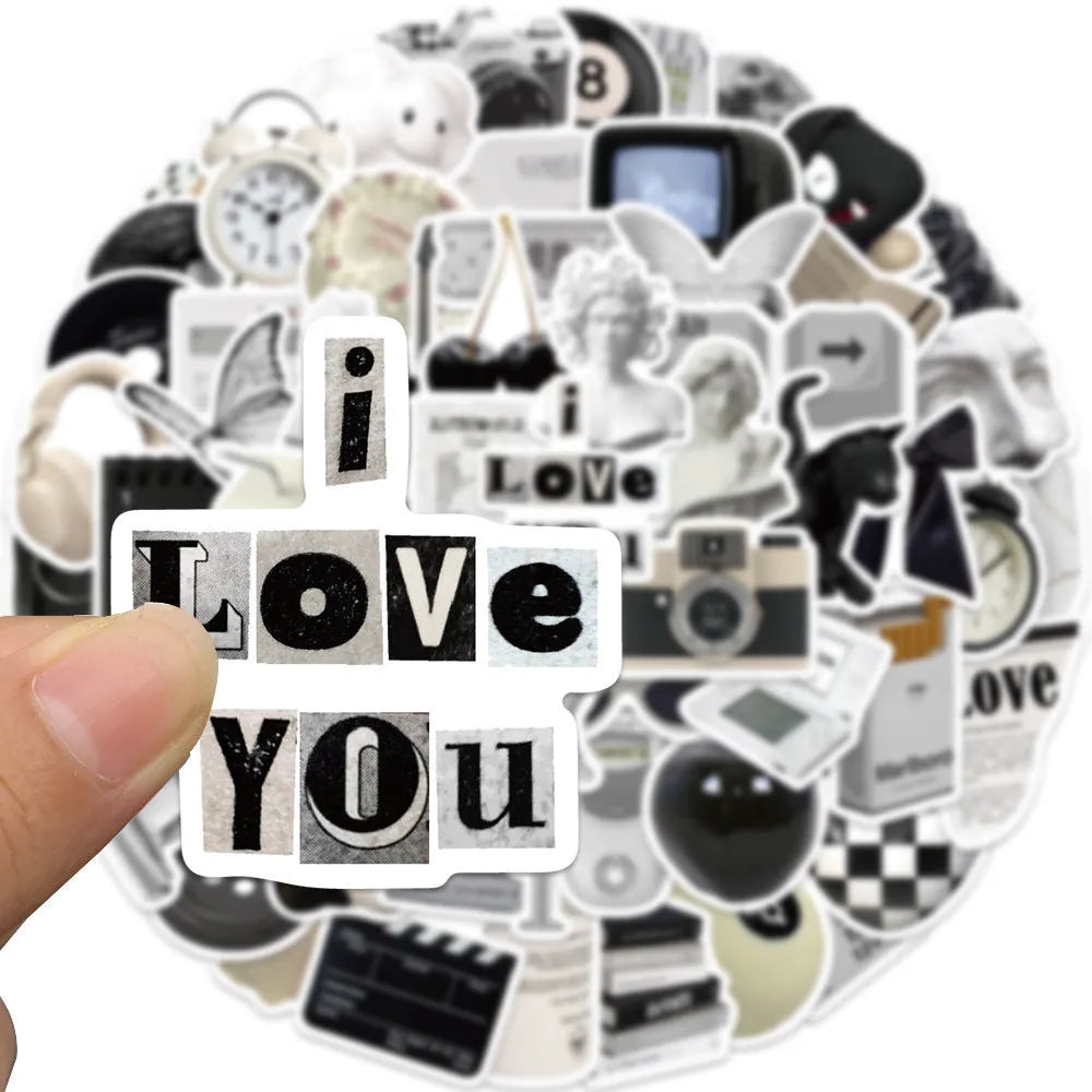 Black and white PVC waterproof sticker set with 61 pieces for laptop and phone decoration