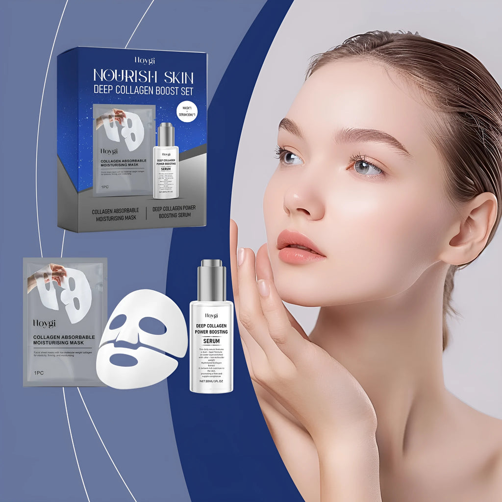 Collagen moisturising suit skincare set showing facial mask and 30ml essence bottle
