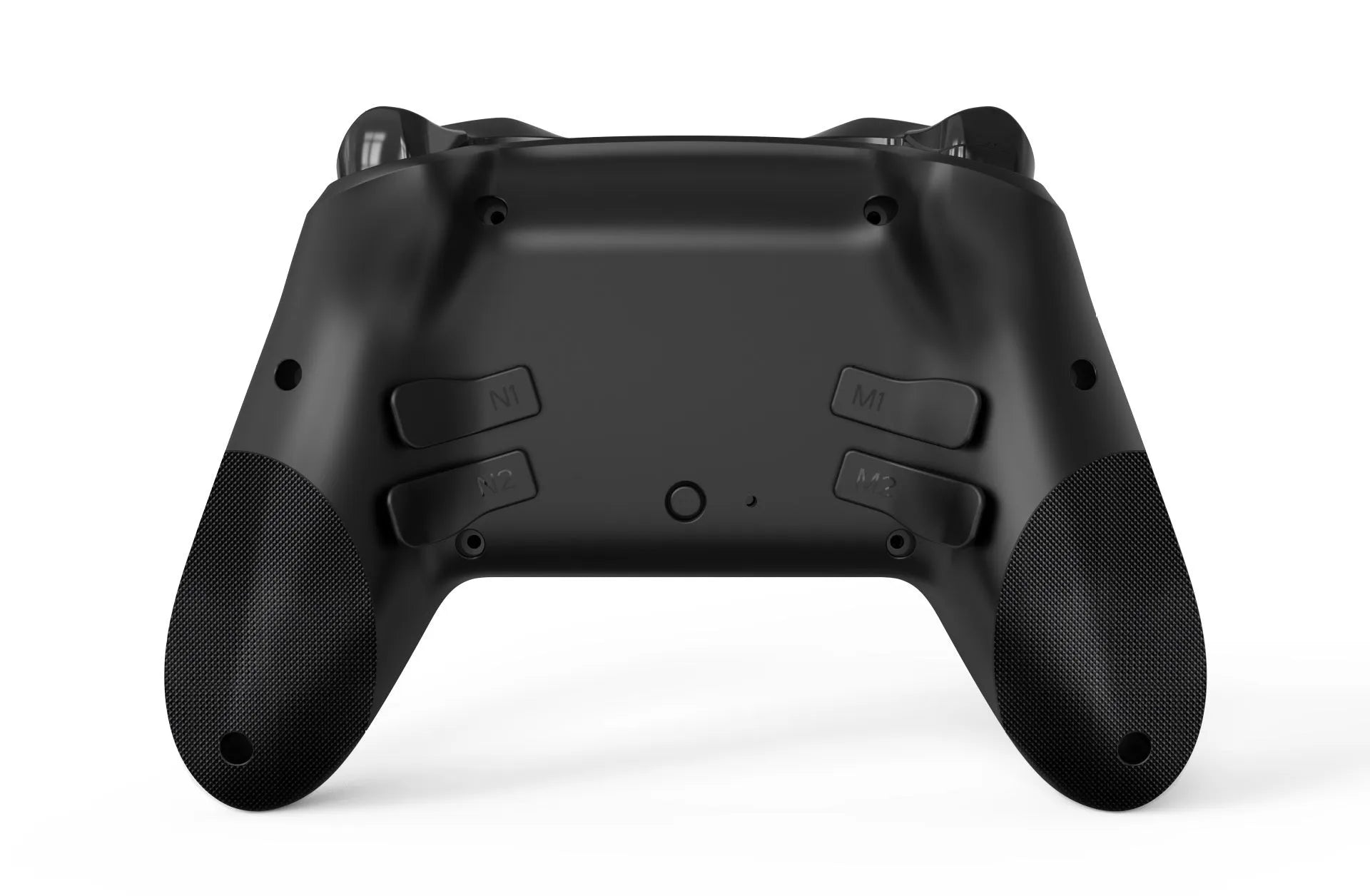 Black wireless game controller with leather pattern grip for Nintendo Switch and mobile devices.