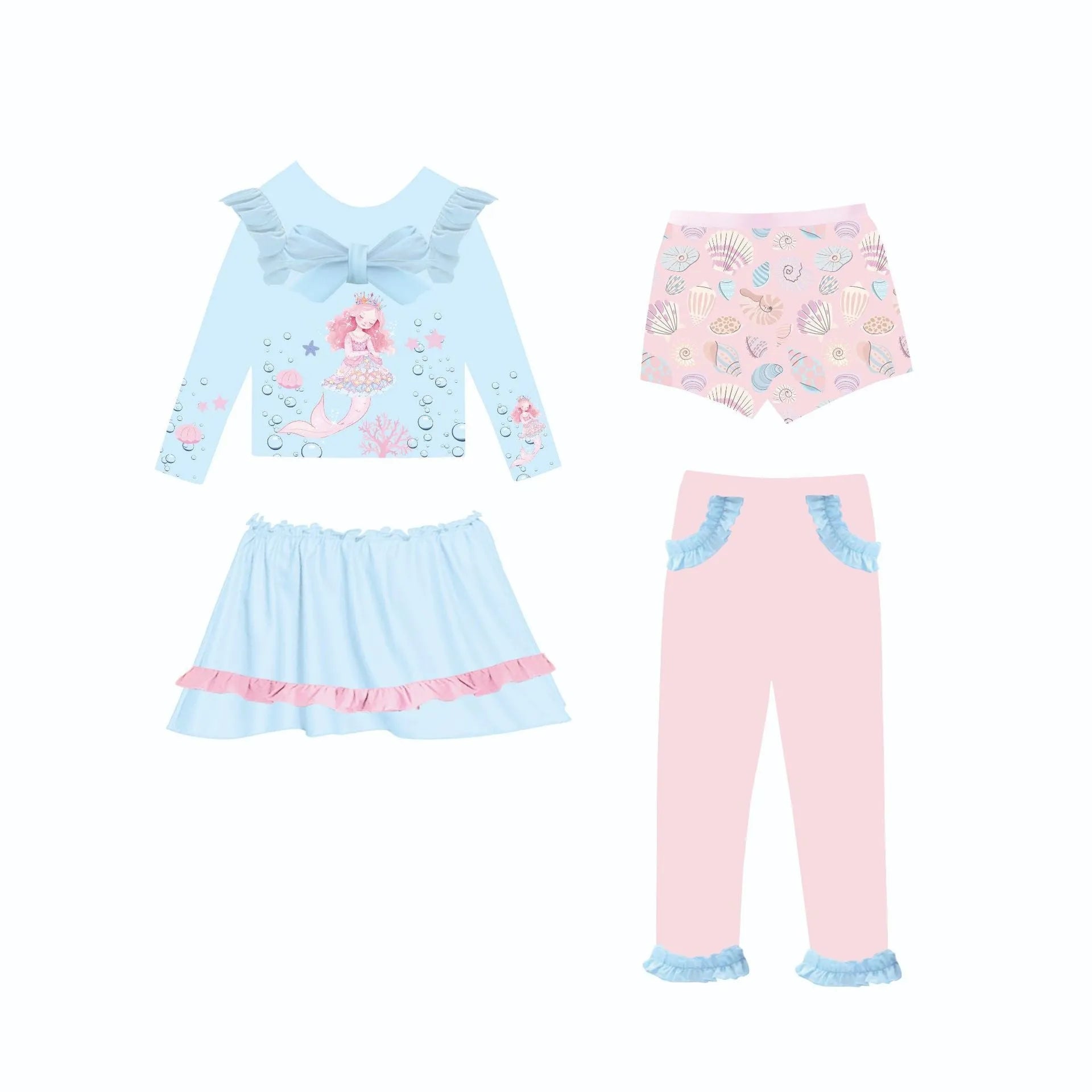 Girls' gilded mermaid swimsuit set with matching skirt and trousers in four colour options