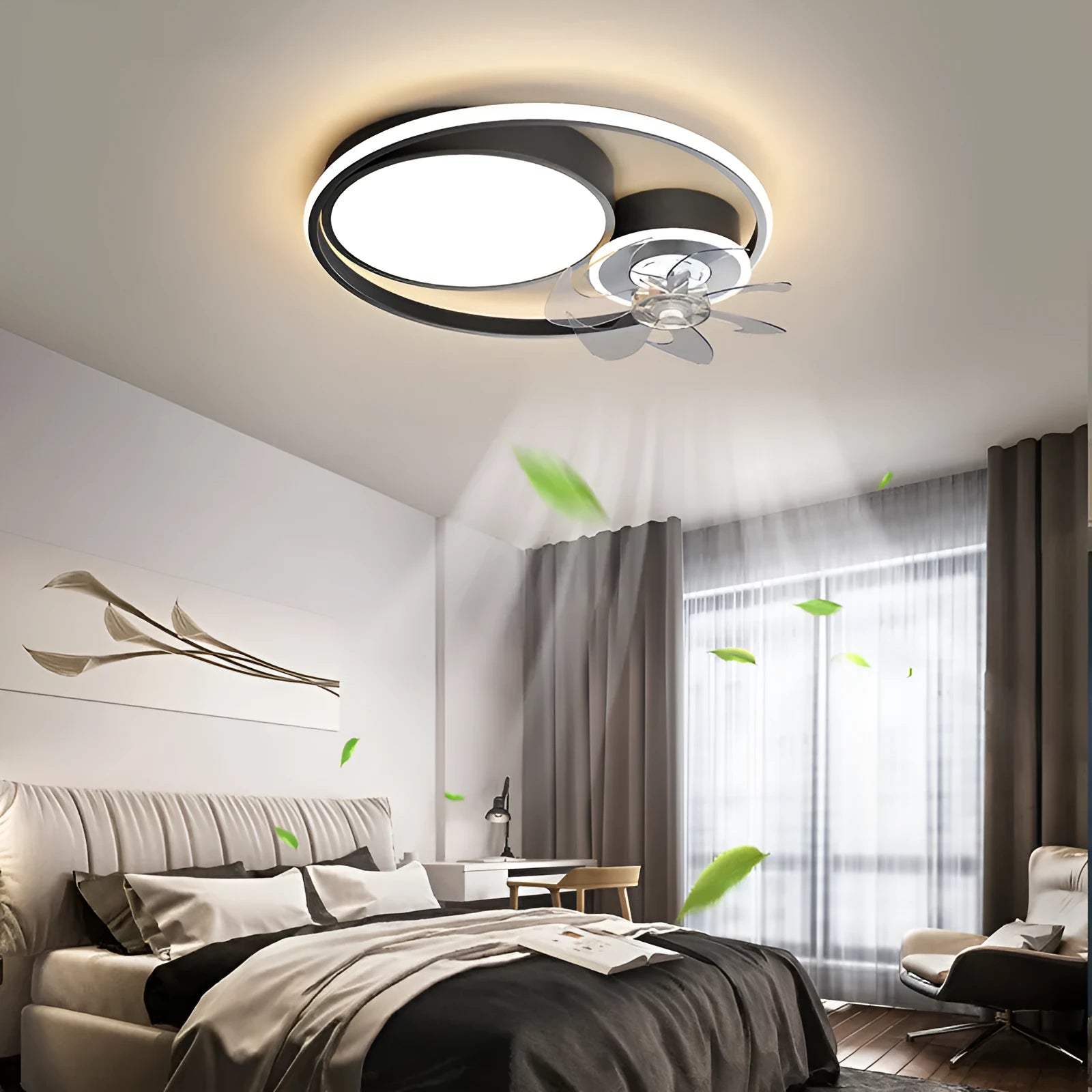 Nordic style overhead fan light with metal blades and acrylic lampshade in black or gold finish
