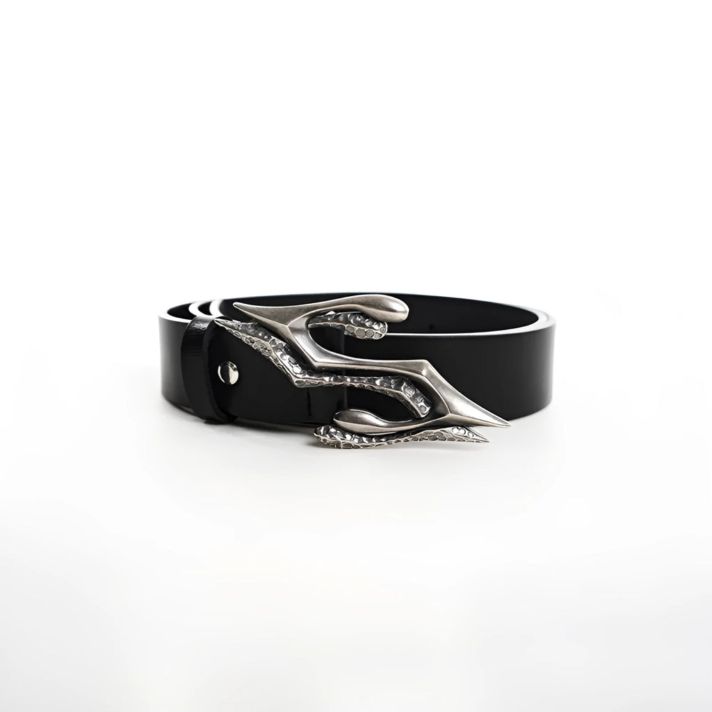 Black men's leather belt with a metal letter buckle on a two-layer cowhide strap.