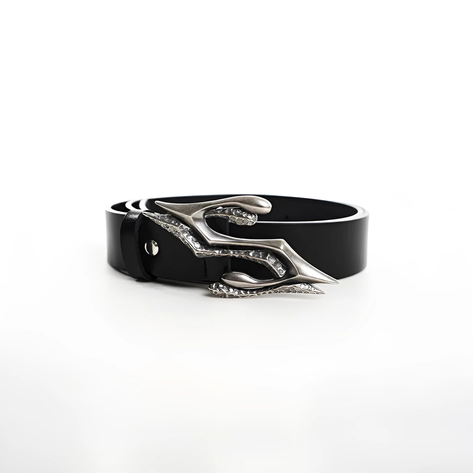 Black men's leather belt with a metal letter buckle on a two-layer cowhide strap.