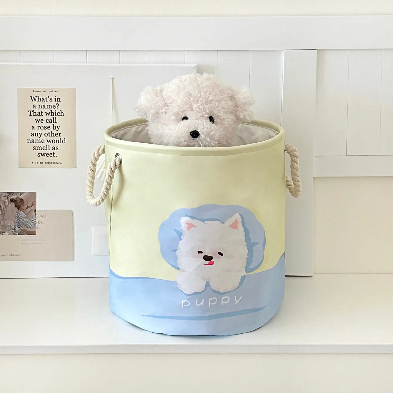 Foldable cotton laundry basket in a colourful design, shown unfolded for use.