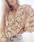 Black lace cardigan with three-dimensional flower decoration and V-neck design