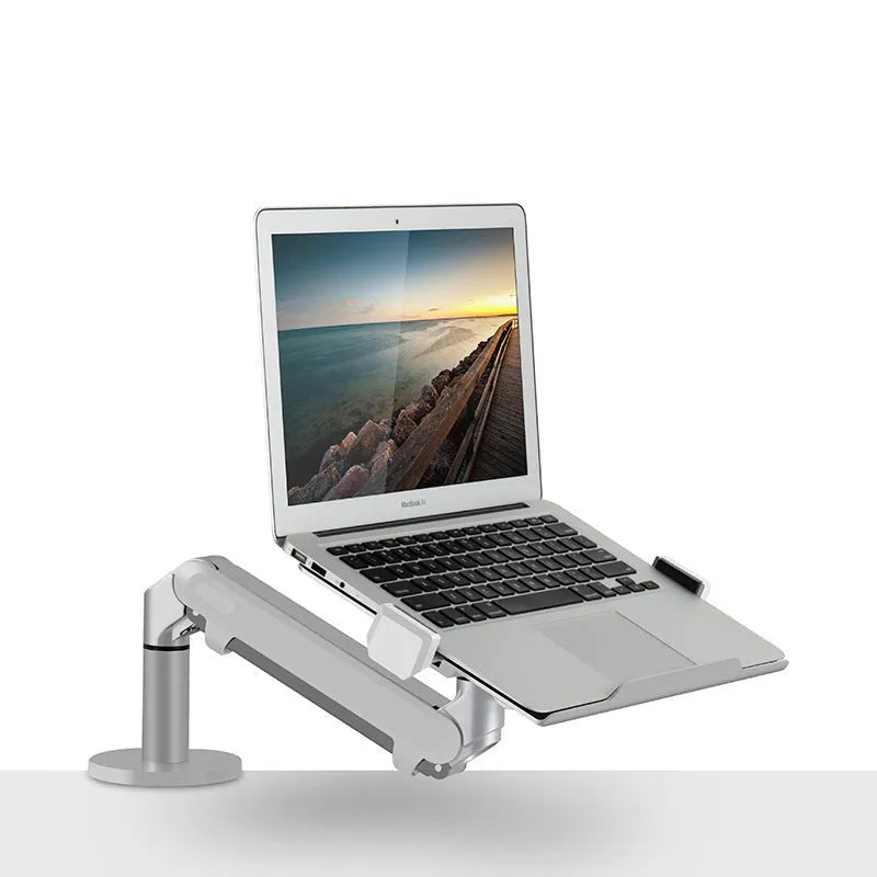 Aluminium alloy laptop stand with adjustable air pressure arm bracket in black and silver colours