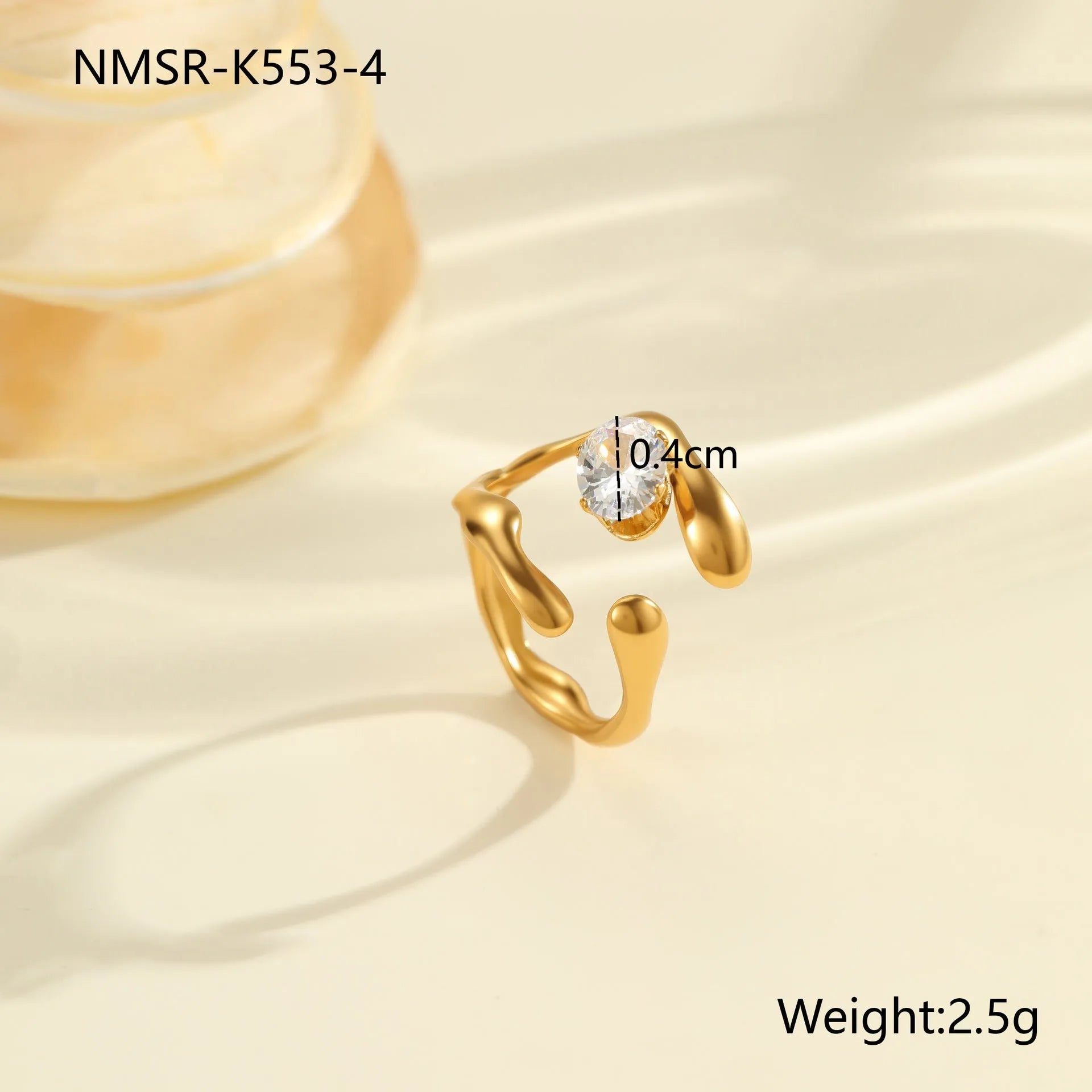 Geometric stainless steel women's ring with adjustable open mouth design and zircon details