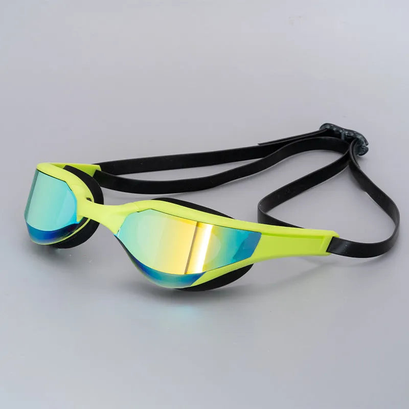Black and gold plated anti-fog racing swimming goggles with polycarbonate frame on a blue background.