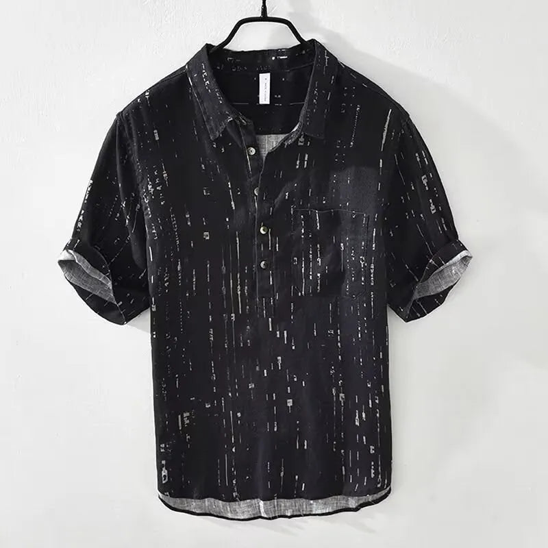 Men's black loose fit short-sleeved polo shirt showing cardigan style and thin fabric