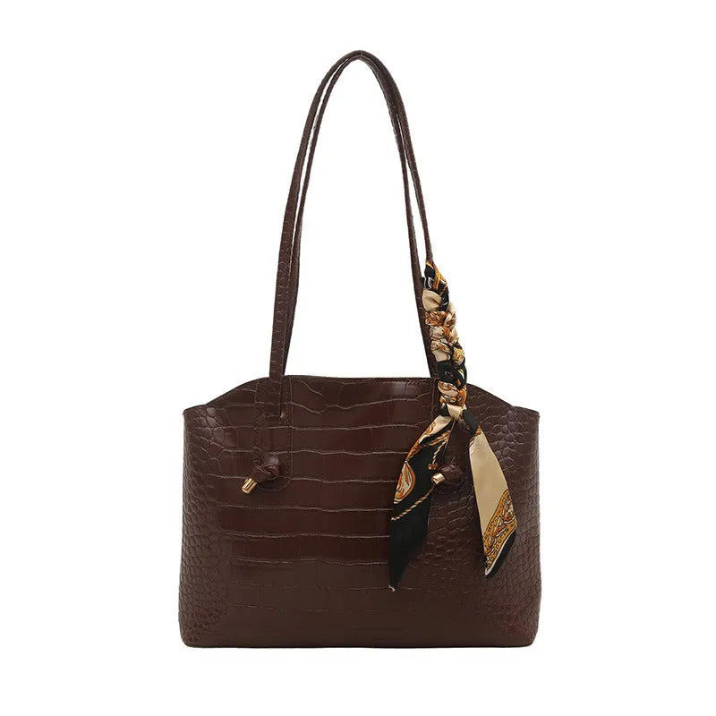 Large PU handbag with crocodile pattern and sewing thread detail in horizontal square shape