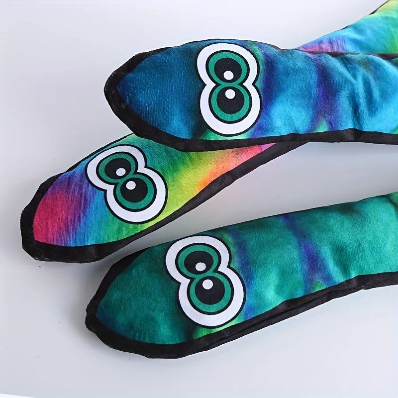 Snake-shaped plush dog squeaky toy with multicolor stripe print design