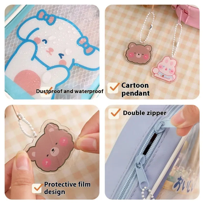 Large transparent PVC pencil case with cartoon bear, rabbit, and dog designs for student stationery.