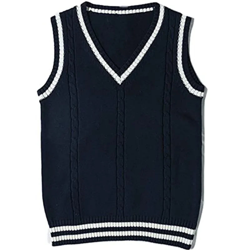 Women's slim fit black acrylic V-neck waistcoat sweater with white striped stitching detail.