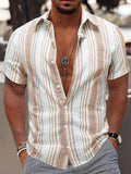 Men's short sleeve casual shirt with 3D printed stripe pattern in polyester fabric