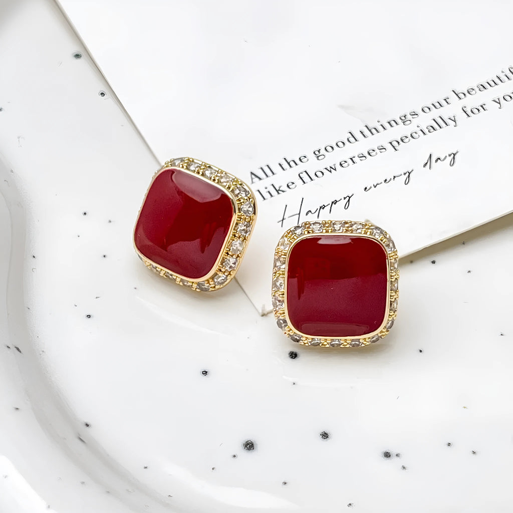 Red alloy square geometric plate earrings with inlaid design for women