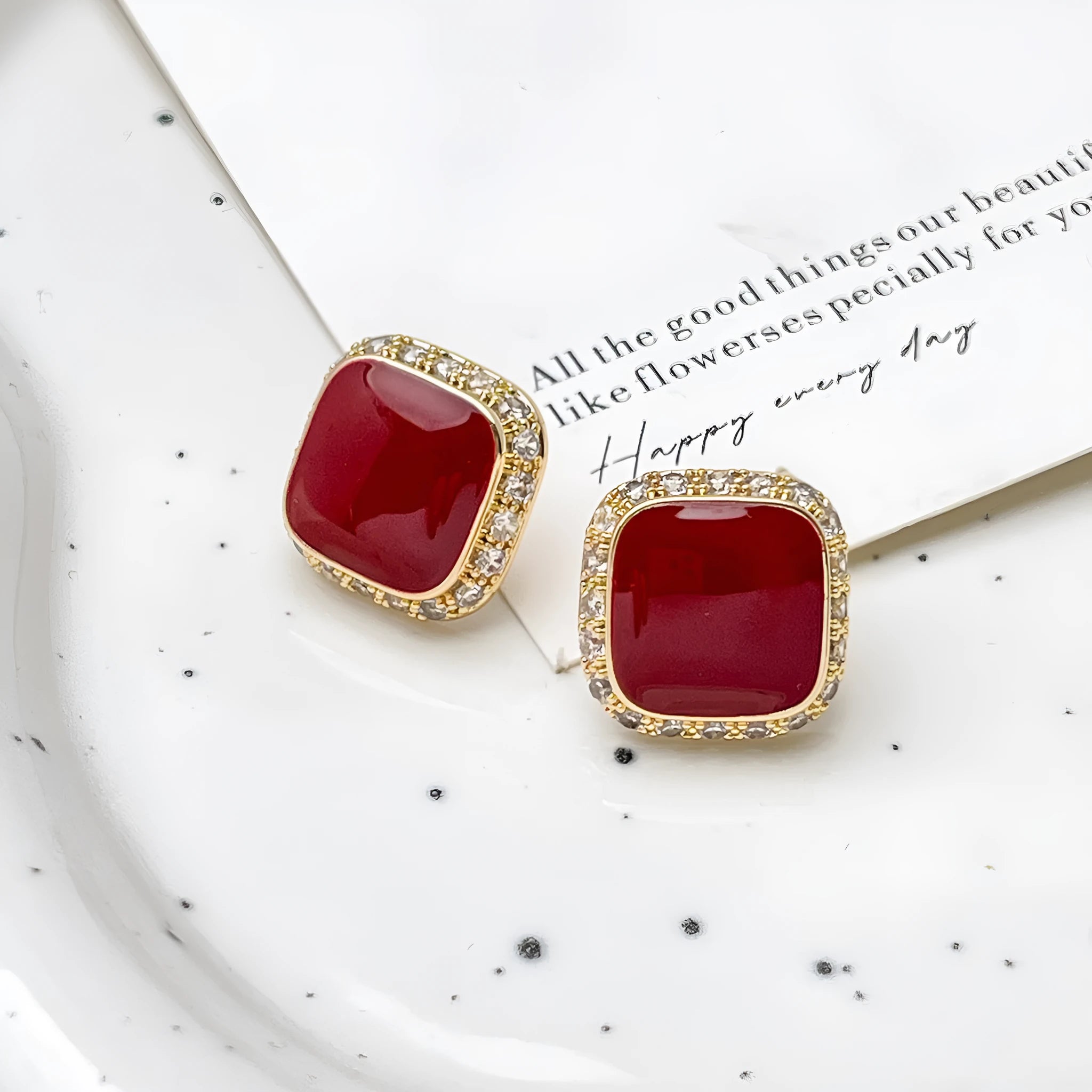 Red alloy square geometric plate earrings with inlaid design for women