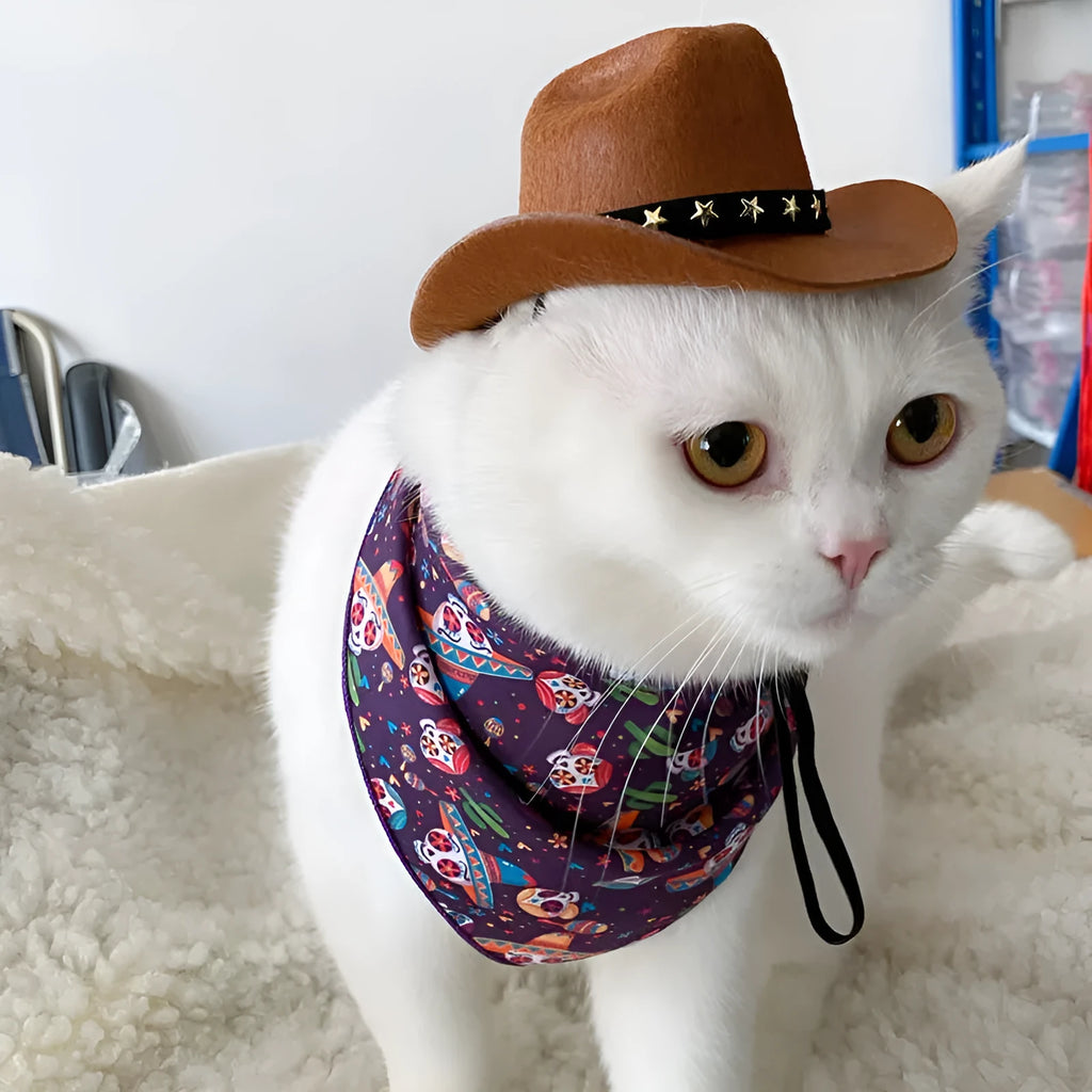 British cowboy hat for a cat with decorative velvet band or ribbon, shown in brown or black.