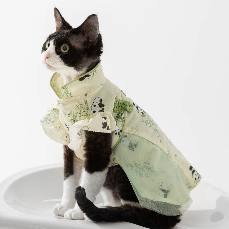 Chinese style panda bamboo leaf cat skirt for hairless cats, woven fabric, tassel dress style