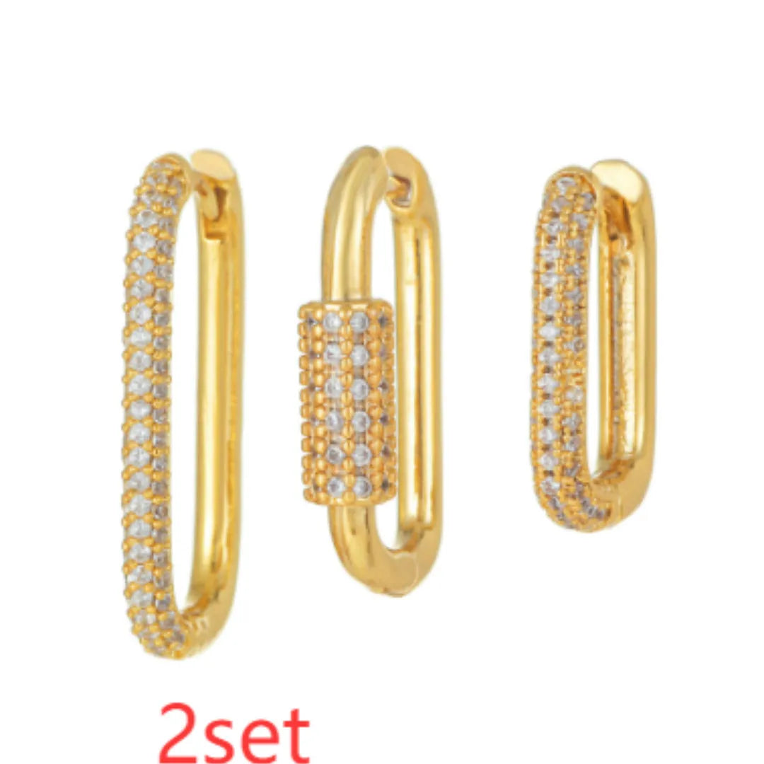 Copper geometric earring set with three square ear clips featuring inlaid zircon stones