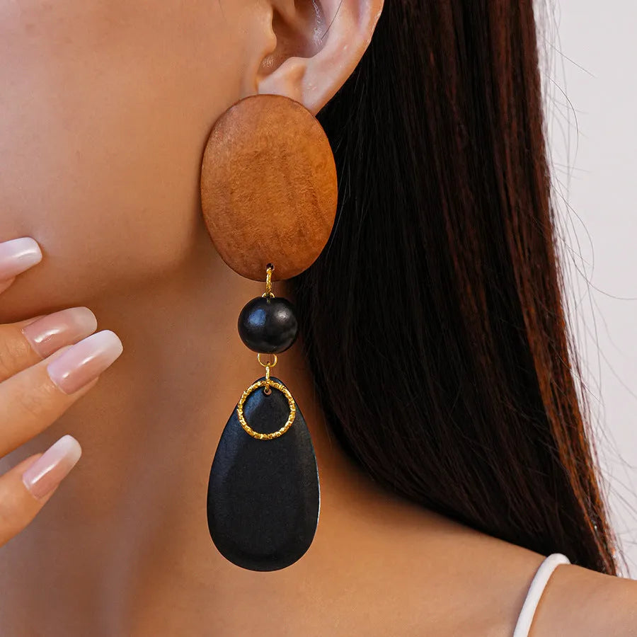 Brown black wooden ellipse earrings with silver needle fittings retro European style
