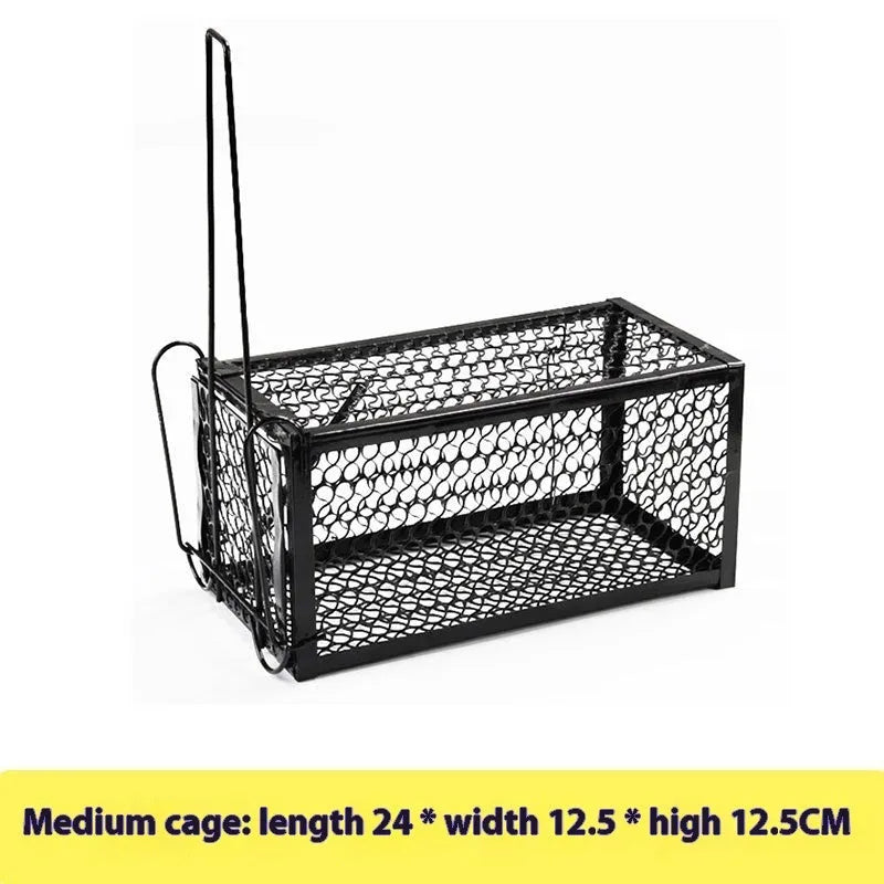 Automatic metal and plastic mouse cage trap shown in small, medium, and large sizes for indoor rodent control.