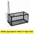 Automatic metal and plastic mouse cage trap shown in small, medium, and large sizes for indoor rodent control.
