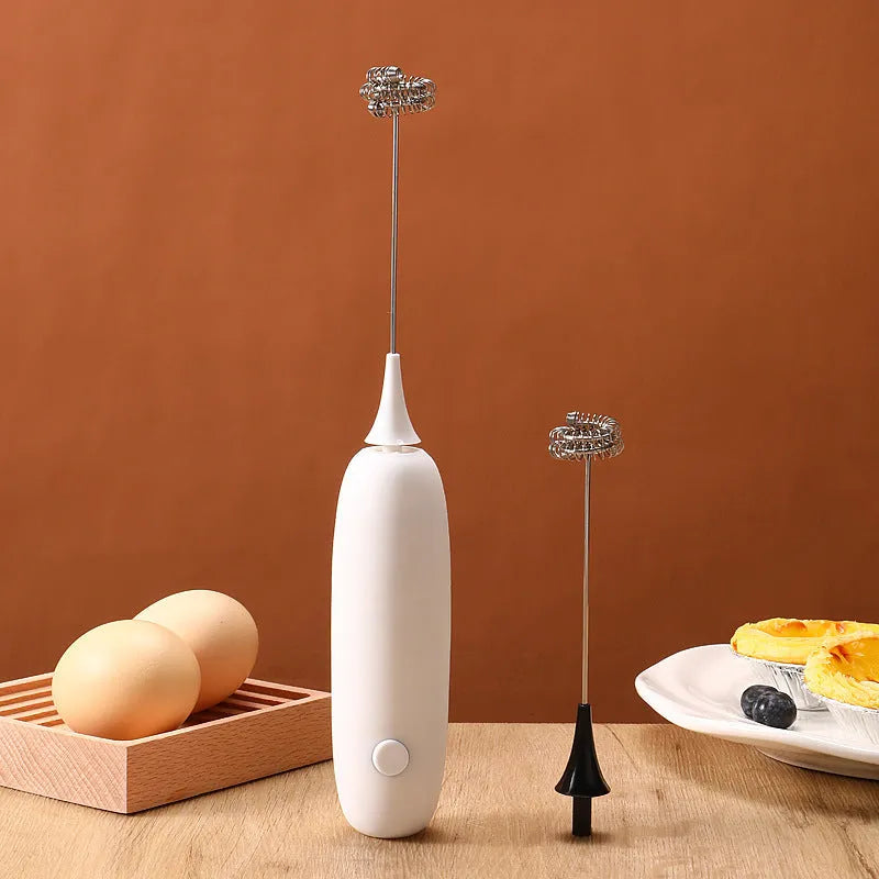 Black and white handheld electric milk frother blender for coffee milk frothing