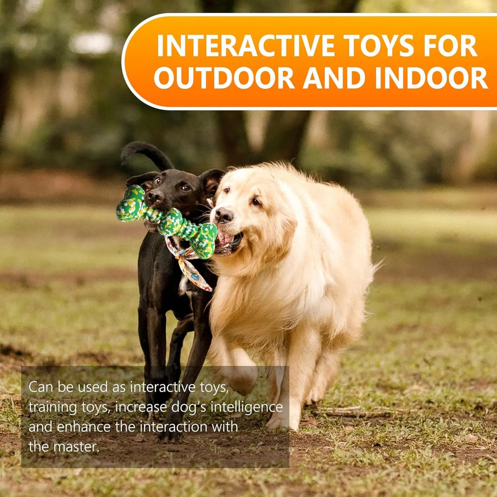Green and white camouflage pattern natural rubber bone chew toy for large dogs on a wooden floor.