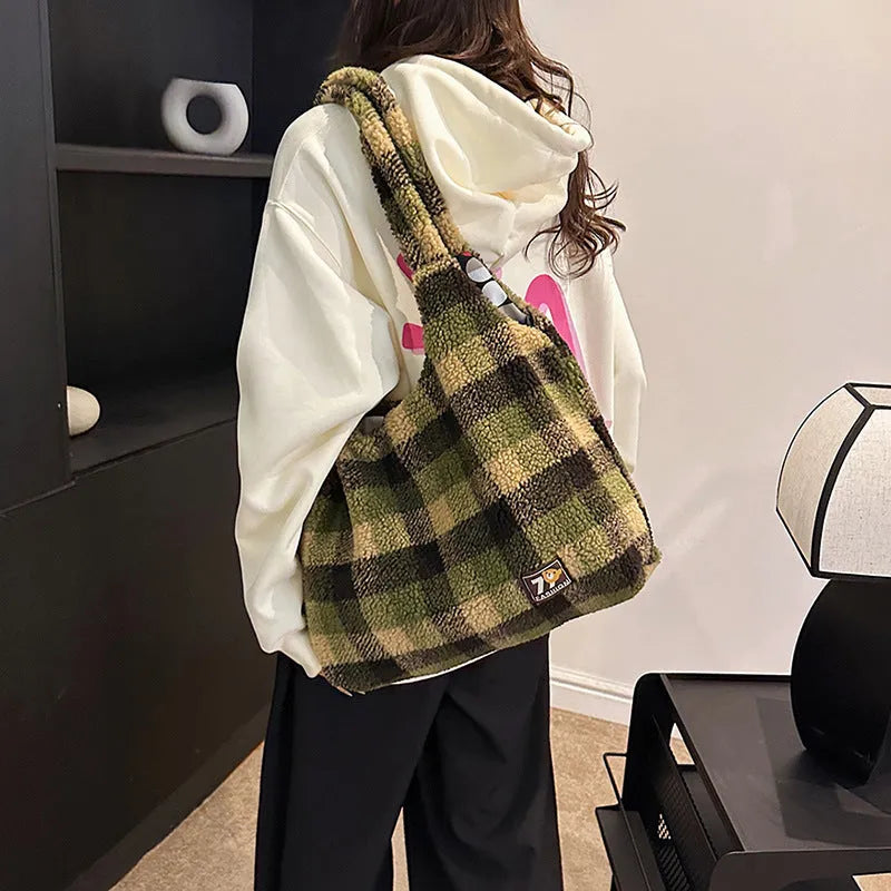 Women's plaid crossbody tote bag in soft plush material with horizontal square shape