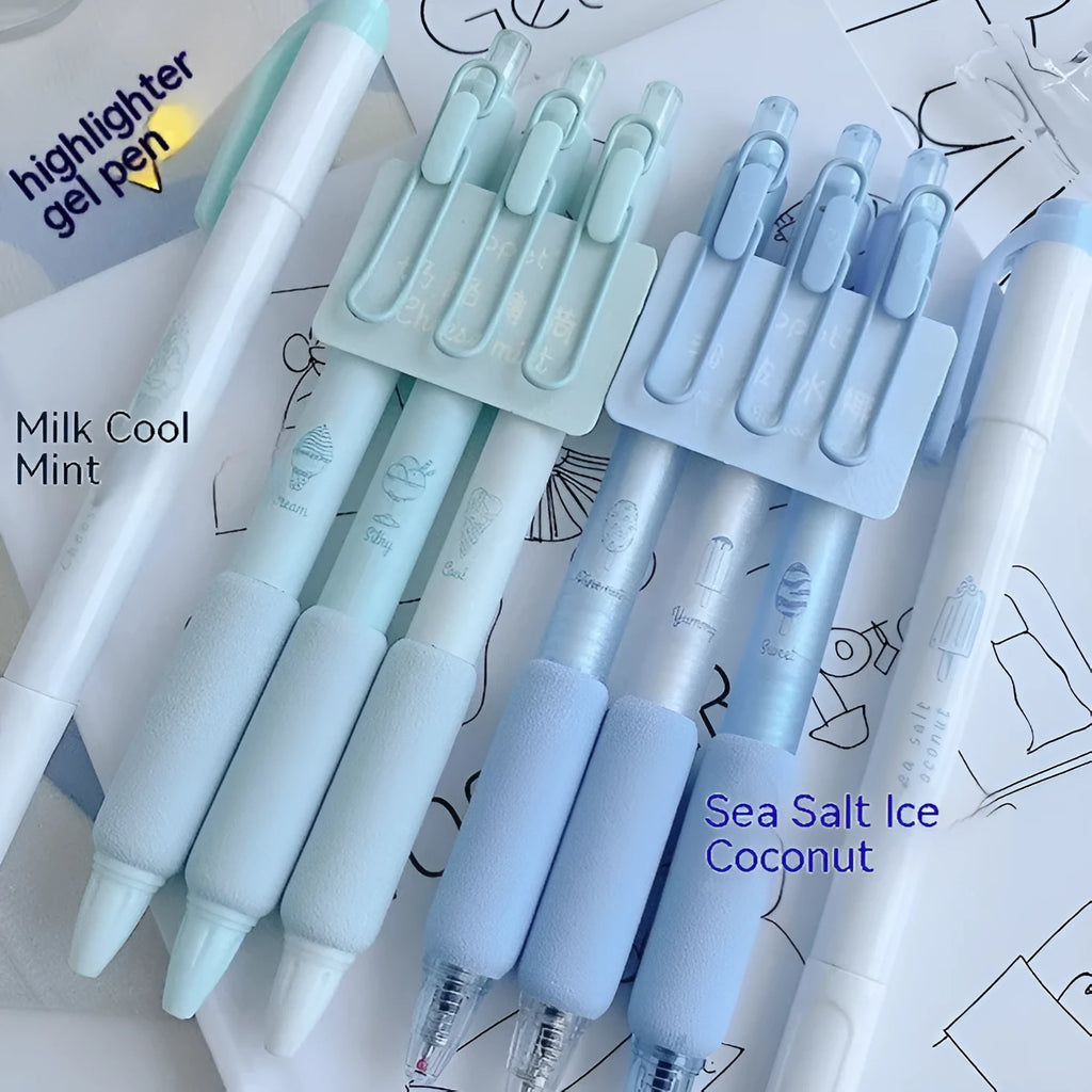 Four double-headed calligraphy pens with sponge press tips and fluorescent ends for student handwriting practice