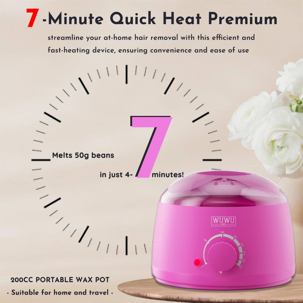 Portable waxing kit with black wax warmer, four coloured wax beans, facial and body sticks, and aftercare products
