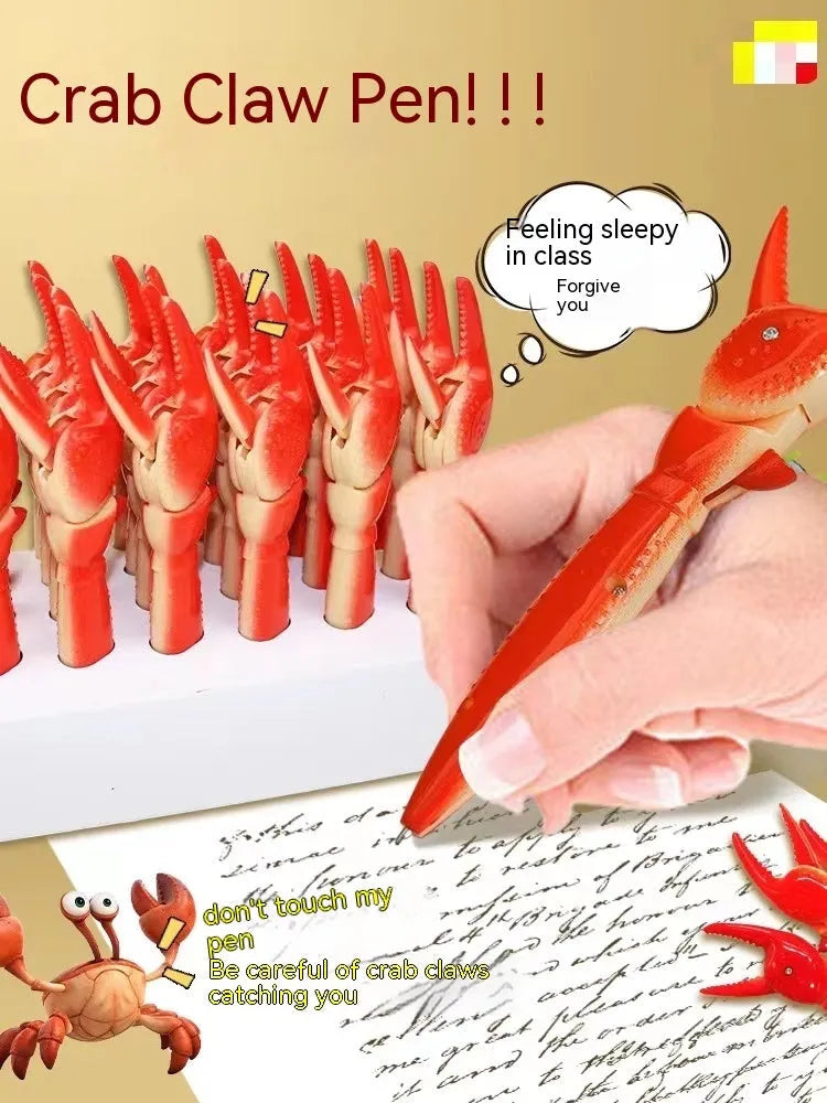 Creative ballpoint pen with a can-shaped clip and a small moving crab decoration on a white background.