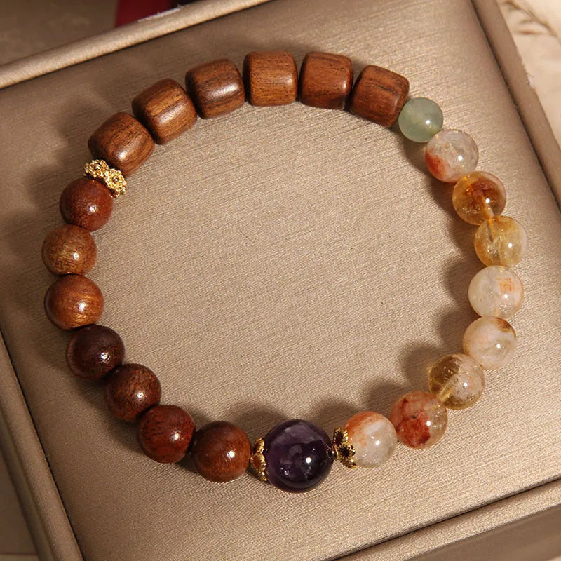 Yellow tower crystal and ebony amethyst bracelet with pearl accents and silver clasp