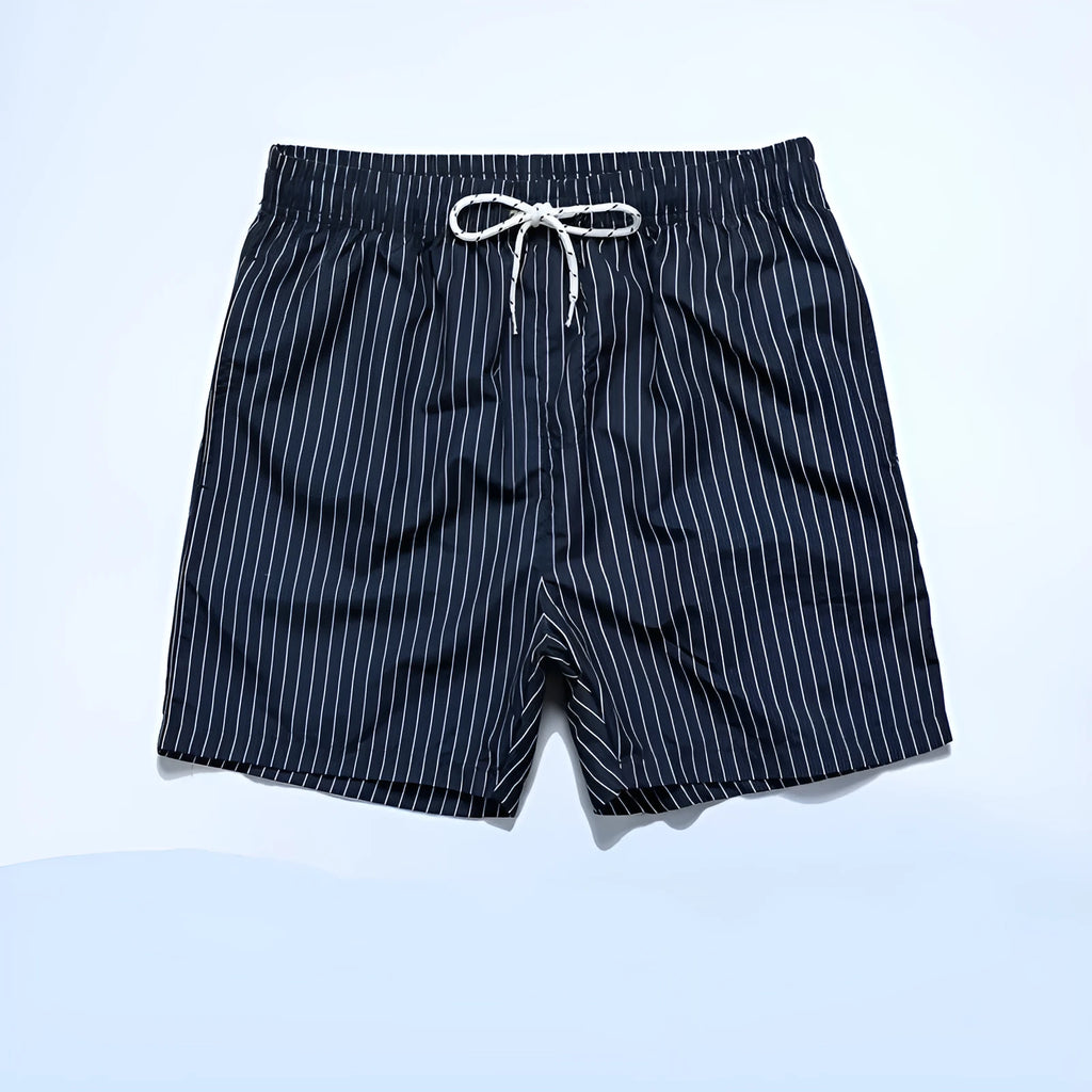 Polyester fibre striped beach shorts with straight leg opening and triangle lining design in multiple colours