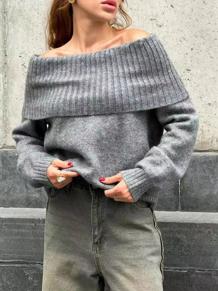 Grey off-the-shoulder women's sweater with 3D pattern and strapless design