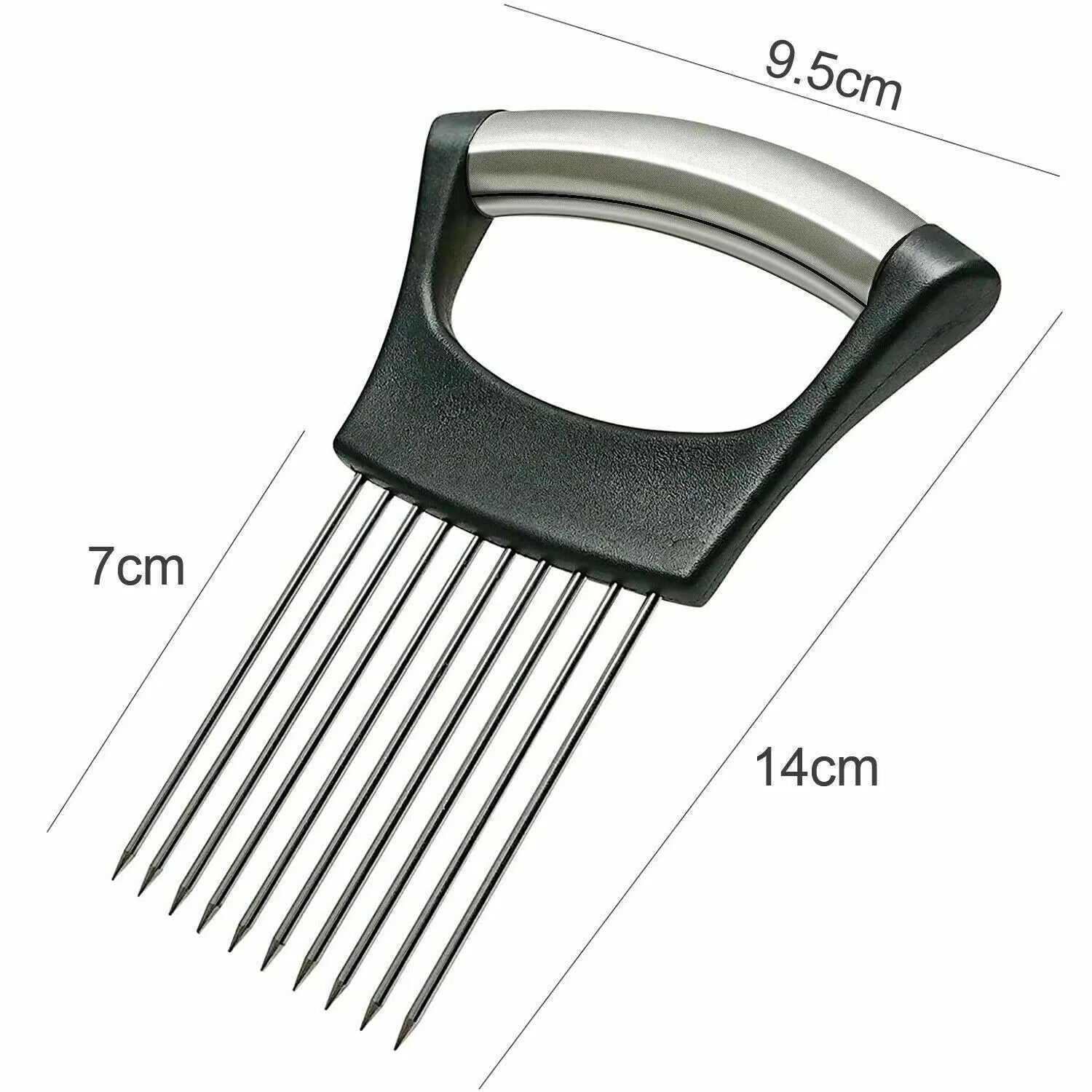 Stainless steel and ABS kitchen food slicer and onion holder on a work surface