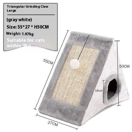 Grey and white triangular cat bed with sisal scratching surfaces, shown next to a light brown and beige version.