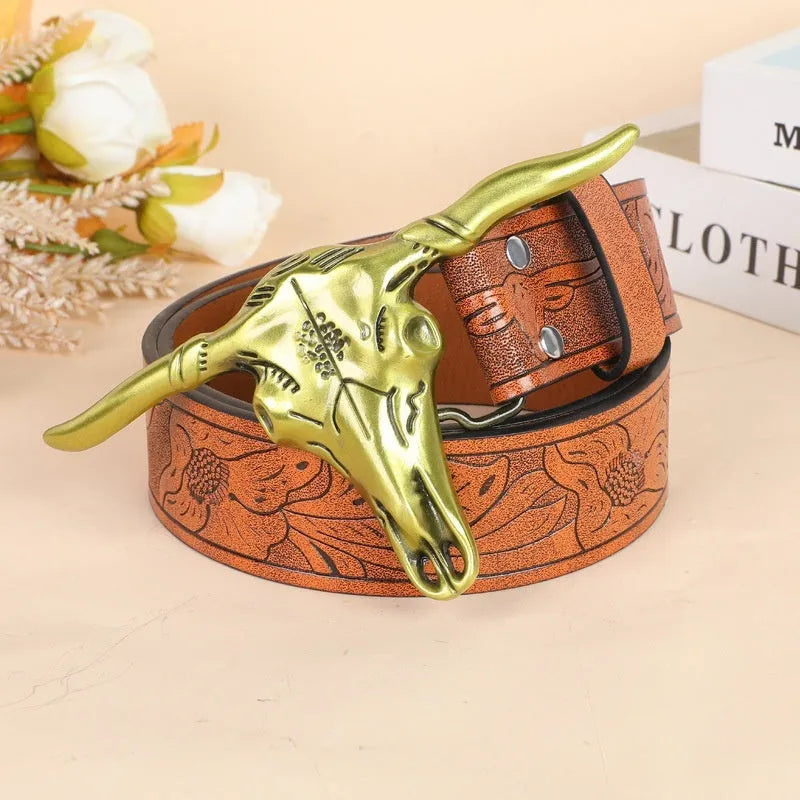 Men's black imitation leather belt with decorative alloy cow head buckle and pin buckle fastening