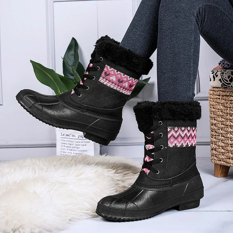 Women's winter high-top hiking shoes with plus velvet lining, non-slip rubber sole, in black colour