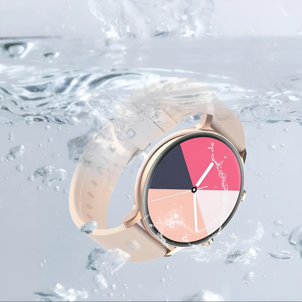 Bluetooth smartwatch with stainless steel strap showing call and heart rate functions on screen