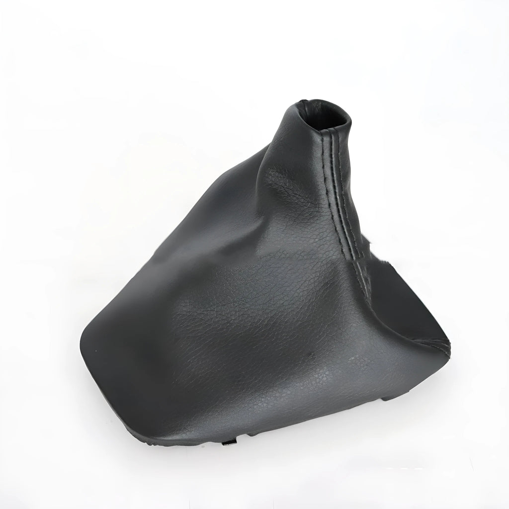 Black PU leather gear dust cover shown fitted on a BMW 3 Series manual gear shift console.