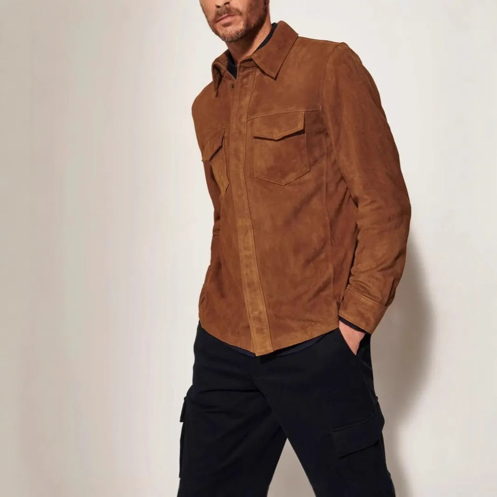 Noah suede shirt jacket for men in brown, front view, polyester fibre regular length
