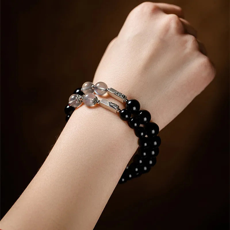 Obsidian Buddha beads couple bracelet DIY set with 8mm and 10mm beads